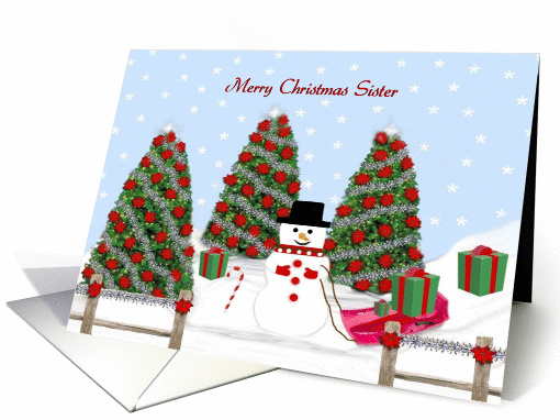 Sister Merry Christmas - Snowman-trees-presents card (321480)