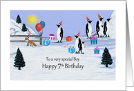 7th Happy Birthday - Male - Penguins in Birthday Party Hats card