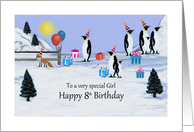 8th Happy Birthday - Female - Penguins in Birthday Party Hats card