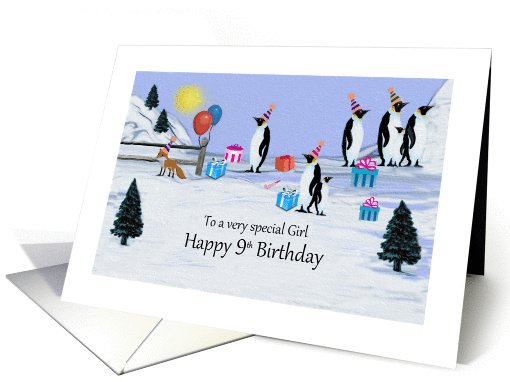 9th Happy Birthday - Female - Penguins in Birthday Party Hats card