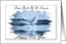 Happy New Year ~ From Both Of Us Cousin ~ Dove Flying Over Water - Blue Tones card