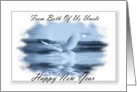Happy New Year ~ From Both Of Us Uncle ~ Dove Flying Over Water - Blue Tones card