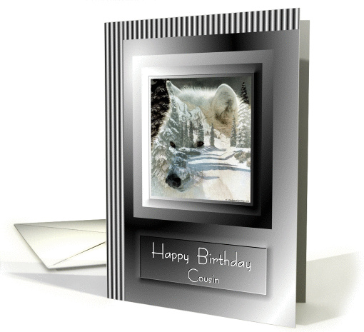 Birthday ~ Cousin ~ White Wolf Faded Into Winter Scene card (851378)