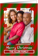 Merry Christmas ~ Red & Green Striped Photo Card With Poinsettias ~ Add Your Photo & Text card