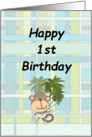 First Birthday Cute Monkey on Blue Green Plaid card