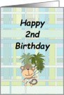 2nd Birthday Cute Monkey on Blue Green Plaid card