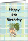 4th Birthday Cute Monkey on Blue Green Plaid card