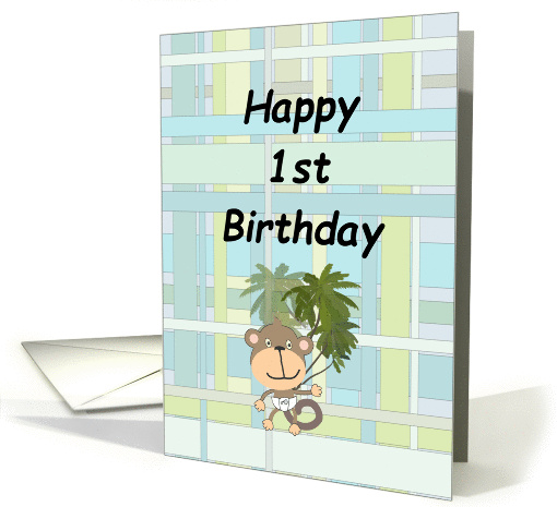 First Birthday Cute Monkey on Blue Green Plaid card (1302098)