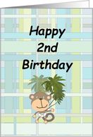 2nd Birthday Cute Monkey on Blue Green Plaid card