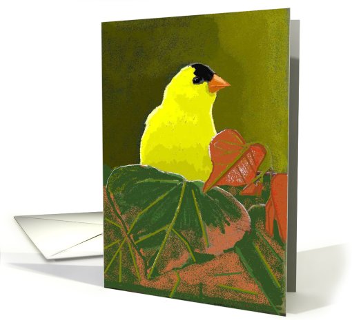 Beautiful Yellow Finch on Green Leaves, Blank Note card (646155)