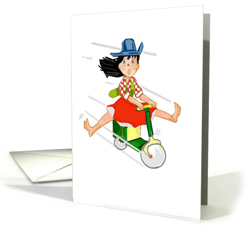 Happy Birthday, Cartoon Cowgirl on Scooter card (948480)