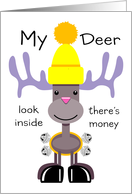 Christmas Money Enclosed Cute Reindeer Bells and Yellow Hat with Pom-Pom card