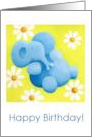 Cute Blue Elephant and Daisies Happy Birthday Blank card