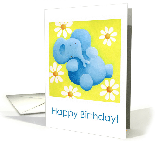 Cute Blue Elephant and Daisies Happy Birthday Blank card (272718)
