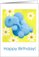 Cute Blue Elephant and Daisies Happy Birthday Blank card