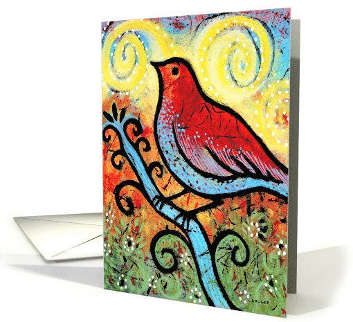 Red bird on a branch in spring card (949013)