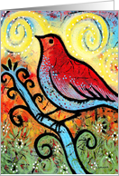 Red bird on a branch in spring card
