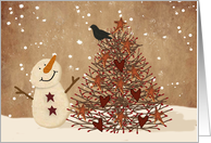 Primitive Snowman And Christmas Tree card