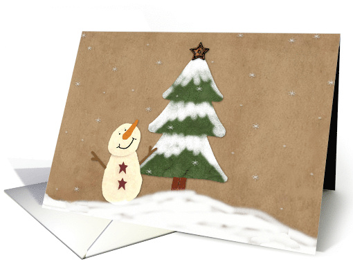 Country Snowman And Christmas Tree Primitive Folk Art card (1707492)