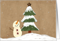 Country Snowman And Christmas Tree Primitive Folk Art card