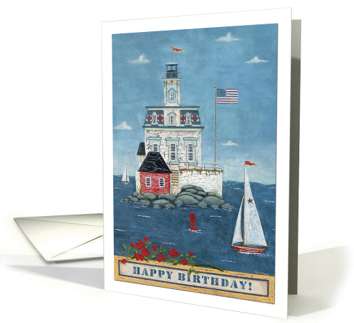 Happy Birthday: Folk-Art Lighthouse and Sailboats card (857178)