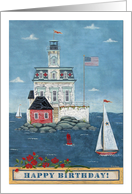 Happy Birthday: Folk-Art Lighthouse and Sailboats card