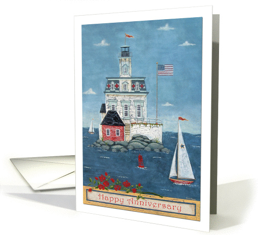 Happy Anniversary: Folk-Art Lighthouse and Sailboats card (857179)