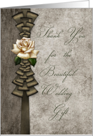 Thank you for wedding gift, cream rose on green ribbon card