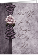 Thank you for wedding gift, pink rose on purple ribbon card