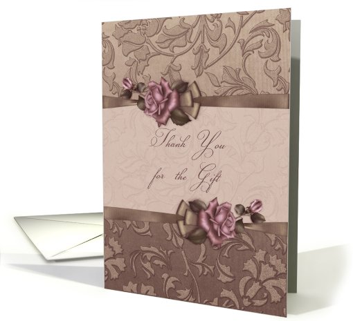 Thank you for wedding gift, pink roses on tan ribbon card (601672)
