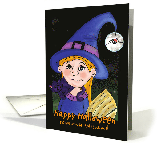 Witch Cat - Happy Halloween Husband card (985921)