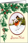 Vintage Style Girl in Oval Frame + Holly + Berries card