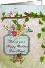 Birthday - Friend - Vintage Style Hanging Sign - Flowers - Butterflies card