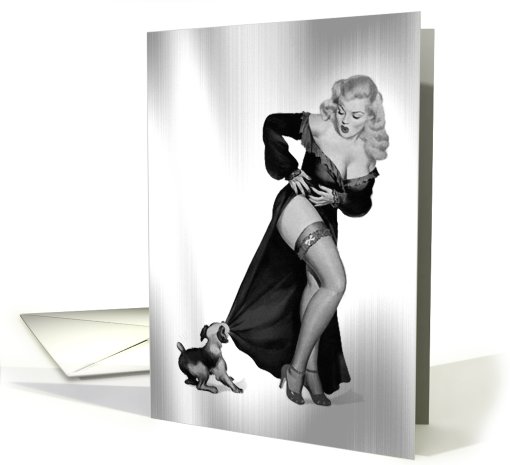 Sexy Retro Pin Up Girl Blonde Dog Blank card (603875)