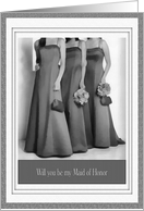 Be my Maid of Honor Request 3 Elegant Dresses in Black White card