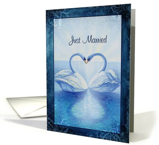 Just Married Announcement, Swans Kissing, Blue, White & Black card