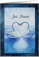 Just Married Announcement, Swans Kissing, Blue, White & Black card