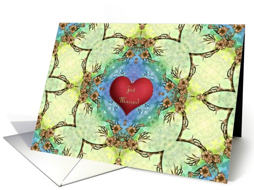 Just Married Announcement, Red Gold Heart Scroll Pattern card (657510)