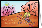 Flower Girl Request Happy Young Girl throwing Petals down hill. card