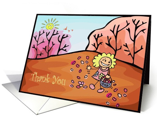 Thank You Flower Girl Happy Young Girl throwing Petals down hill. card