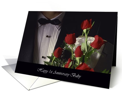 Happy Wedding Anniversary 1st Man in Tux with Red Roses card (675600)