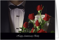 Wedding Anniversary Man in Tux with Red Roses card