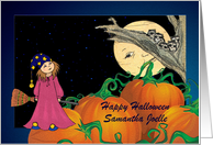 Halloween Goddaughter - Friendly Young Witch + Moon Chat card
