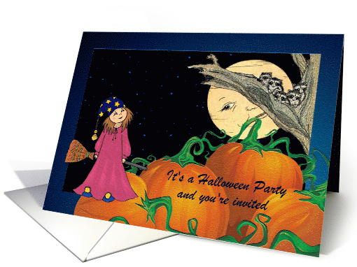 Halloween Party Invitation - Moon + Young Friendly Witch Chat card