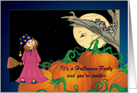Halloween Party Invitation - Moon + Young Friendly Witch Chat card