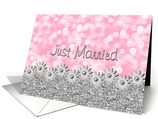 Just Married Announcement-  Bokeh and Flowers - Silver Pink card