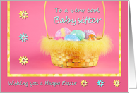 Easter - Babysitter - Feather trimmed basket of painted Eggs card