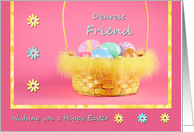Easter - Friend - Feather trimmed basket of painted Eggs card