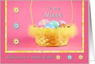Easter - Niece - Feather trimmed basket of painted Eggs card