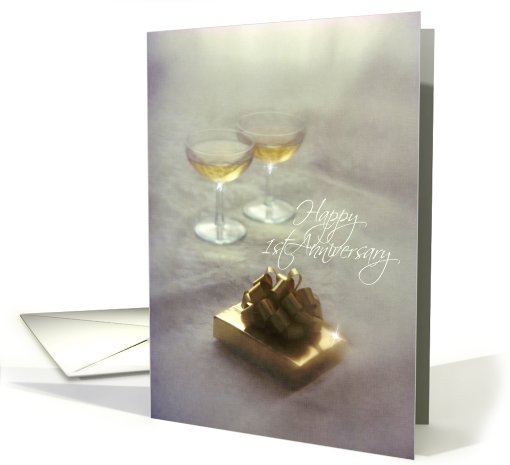 Anniversary - 1st - Romantic Gift & Champagne Glasses card (798310)
